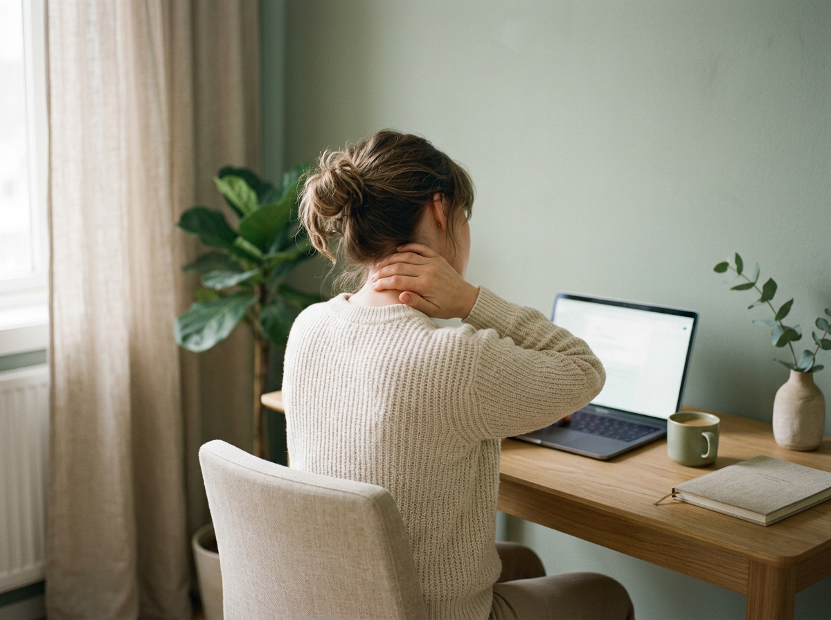 Person at a desk rubbing the back of their neck
