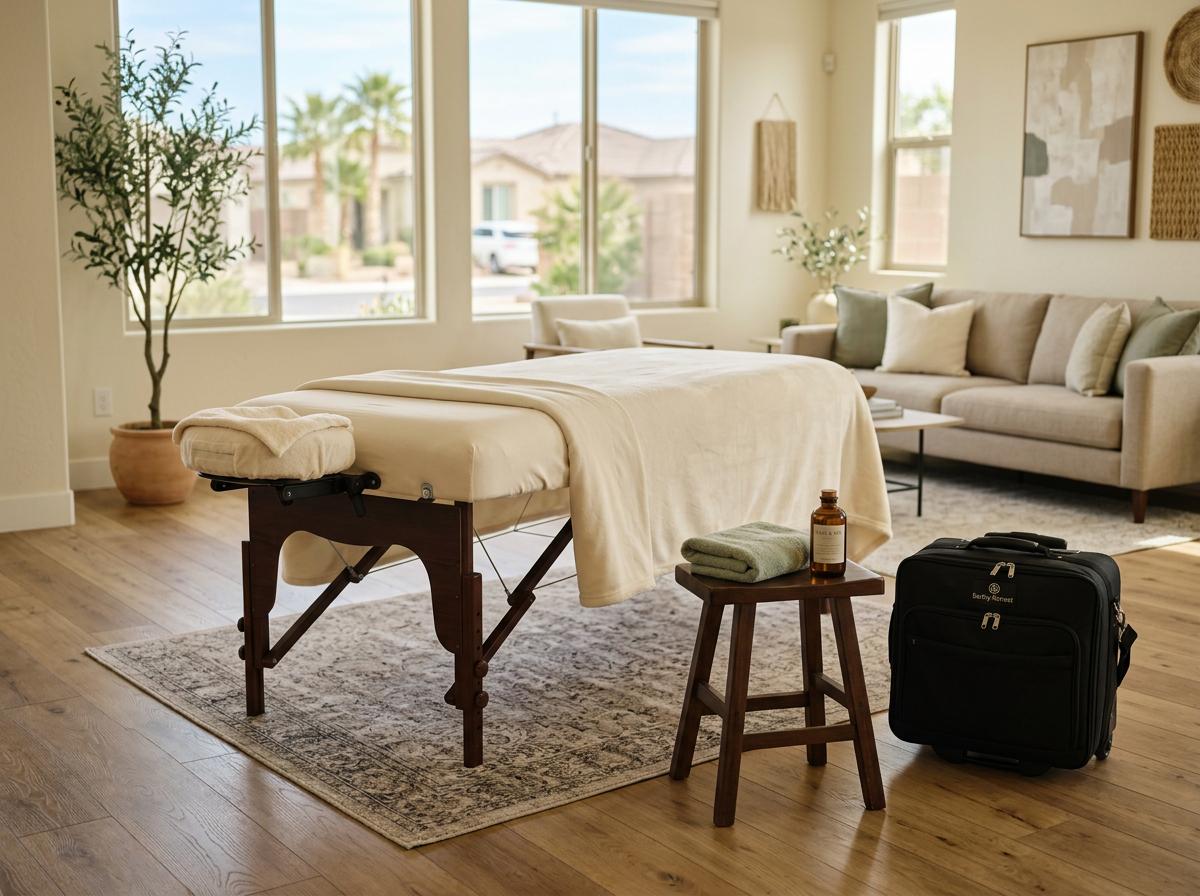 A portable massage table set up with linens in a bright living room