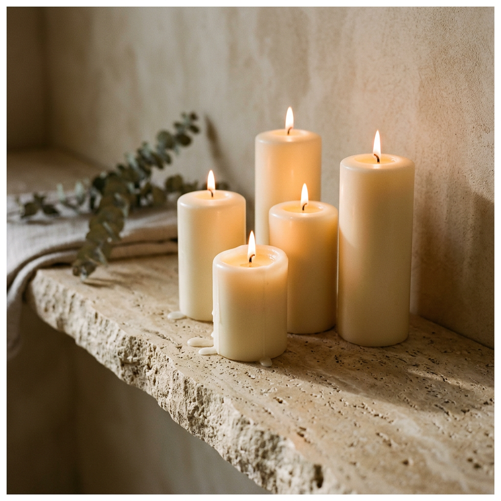 Lit candles on a stone shelf