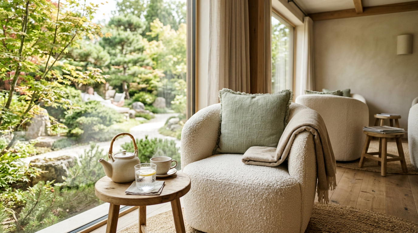 Relaxation lounge with tea and water